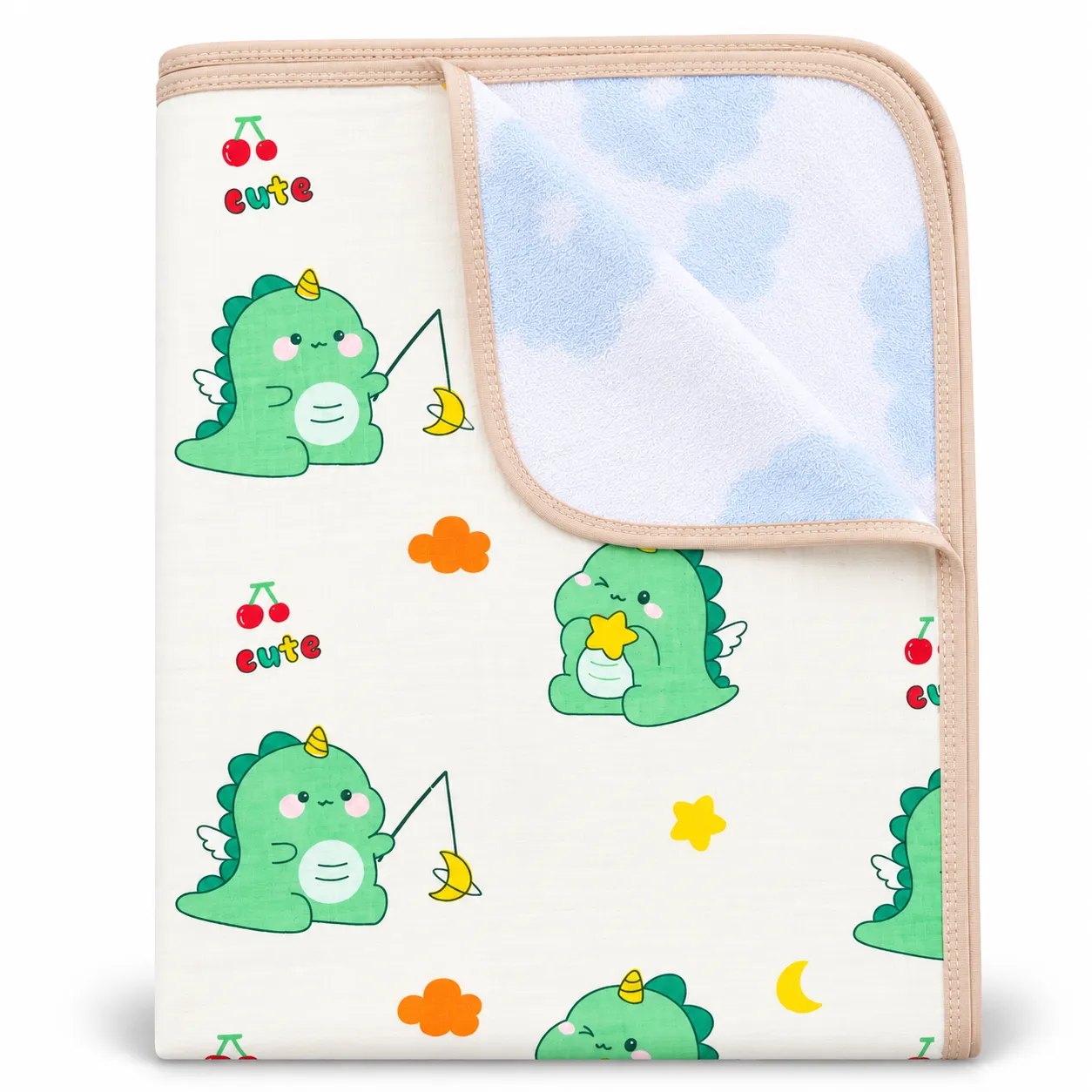 Muslin Cotton Dry Sheet Waterproof Baby Bed Protector | 70×90 cm | Green Dino