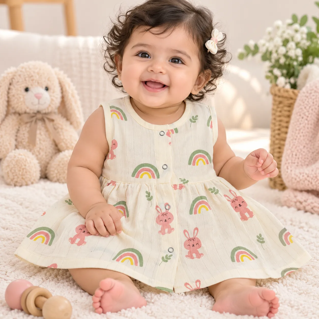 Muslin Frock Full Open Front Button | Ivory Rainbow