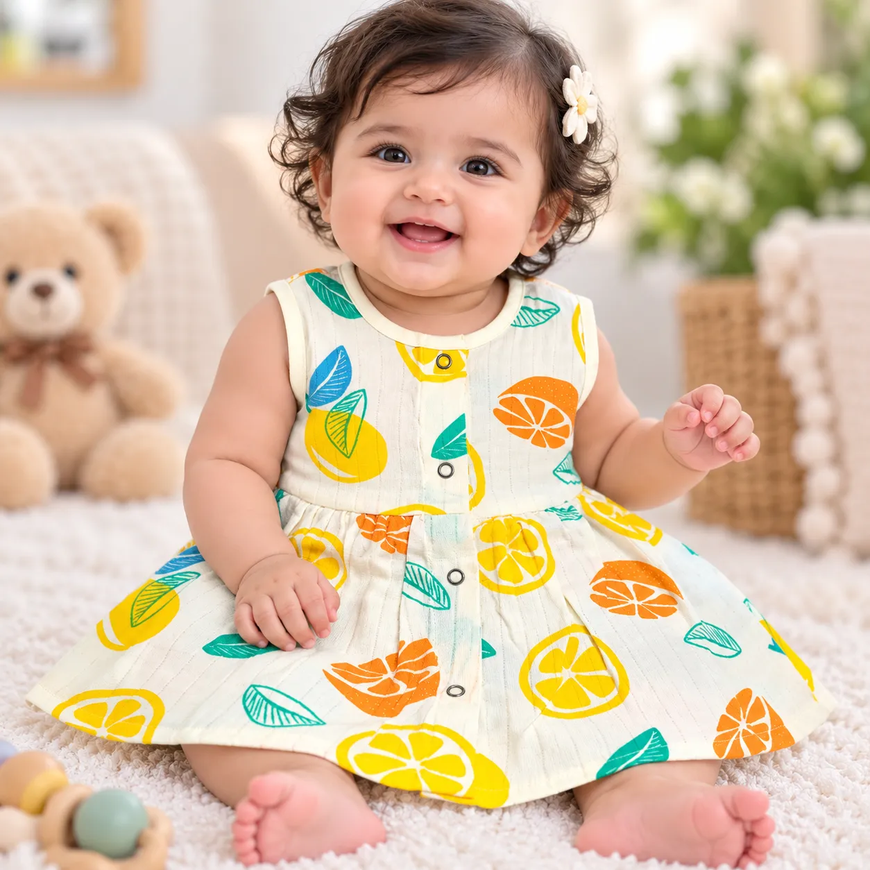 Muslin Frock Full Open Front Button | Yellow Lemon