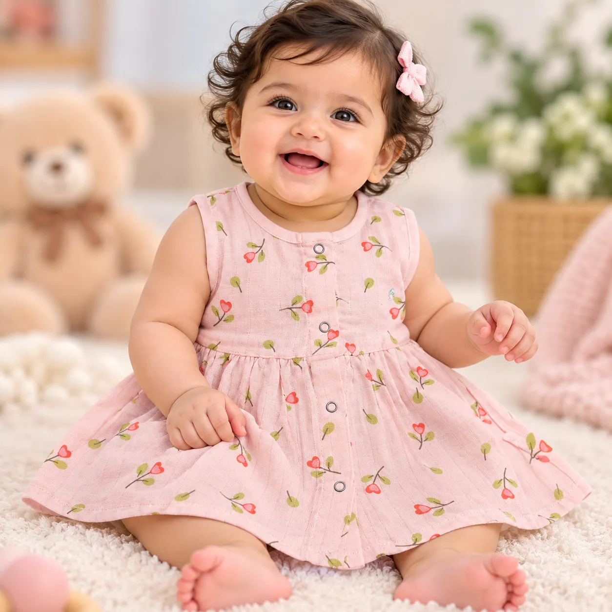 Muslin Frock Full Open Front Button | Pink Flower