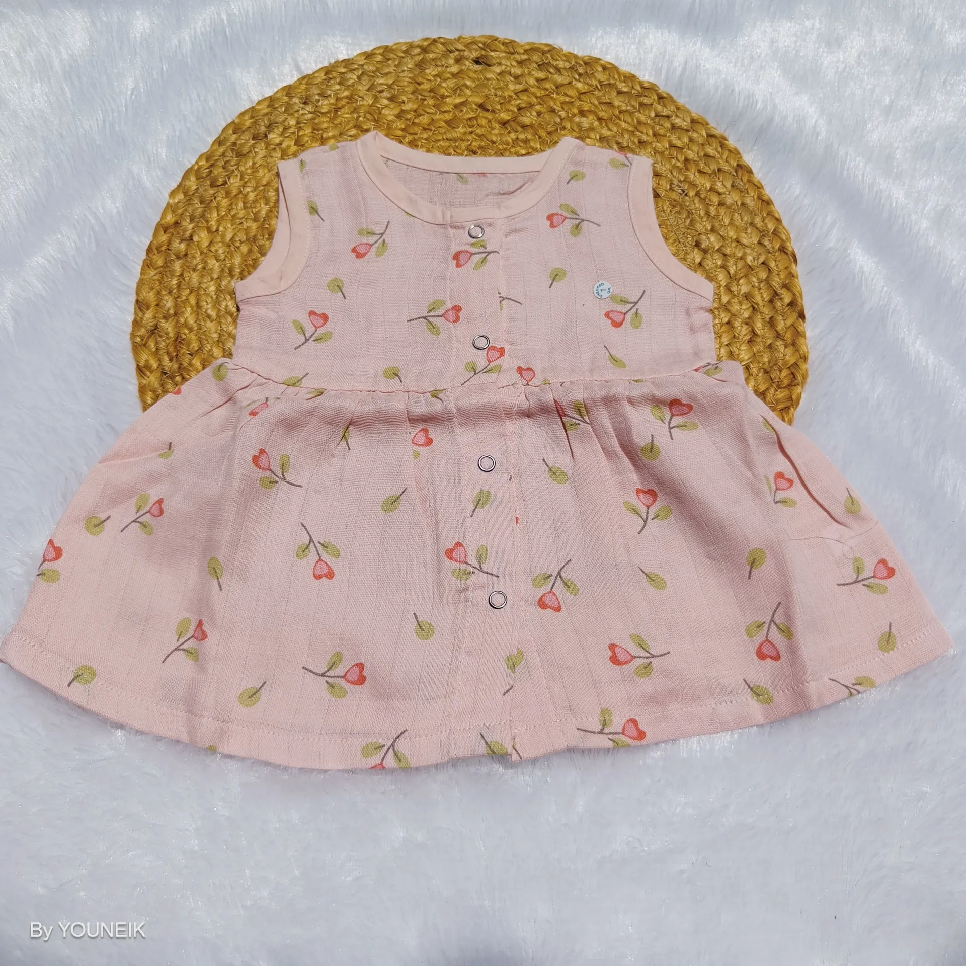 Muslin Frock Full Open Front Button | Pink Flower