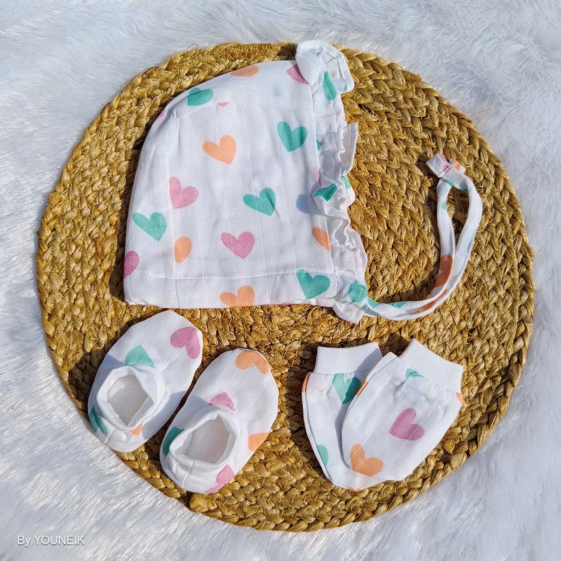 Muslin Frill Cap Mittens Booties