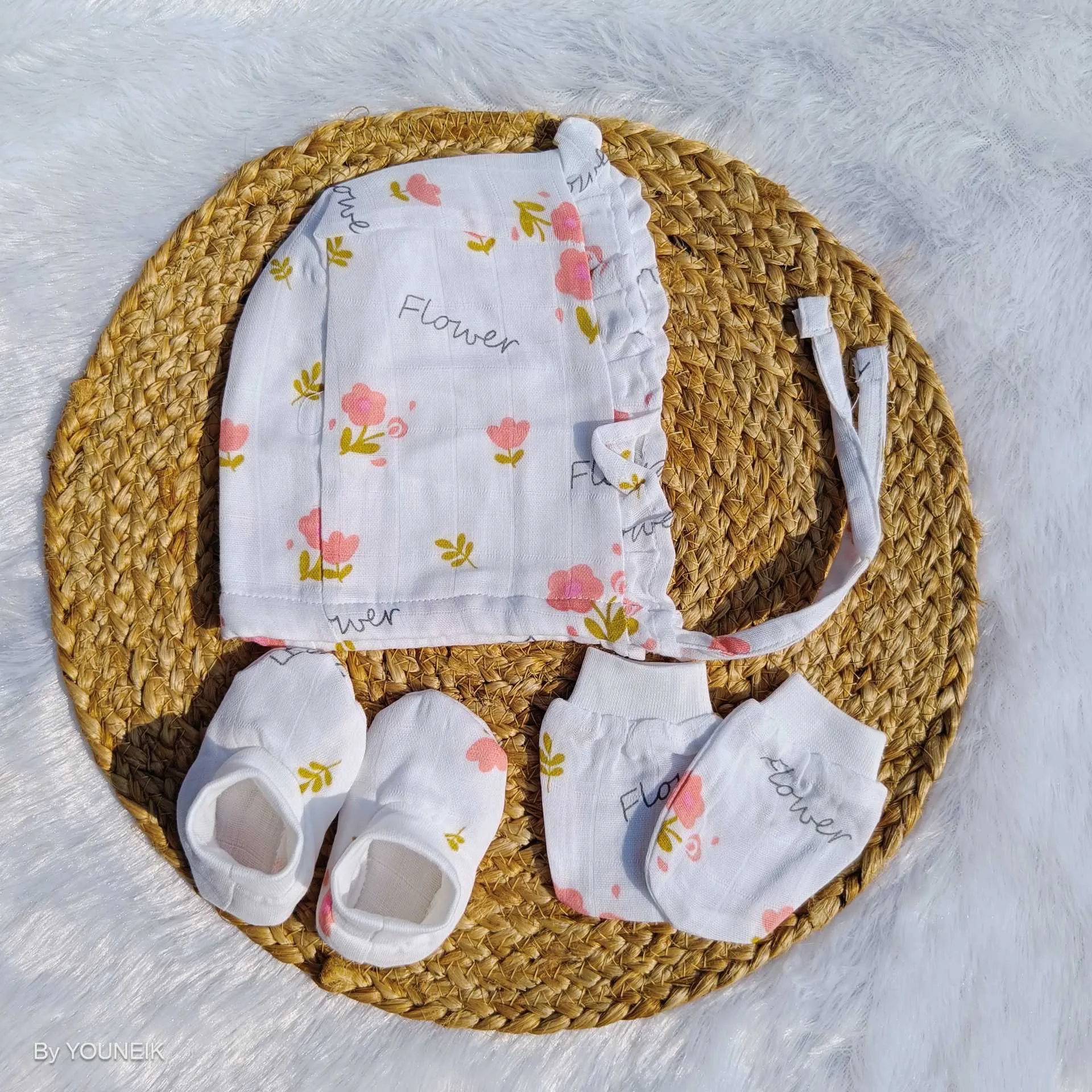 Muslin Frill Cap Mittens Booties