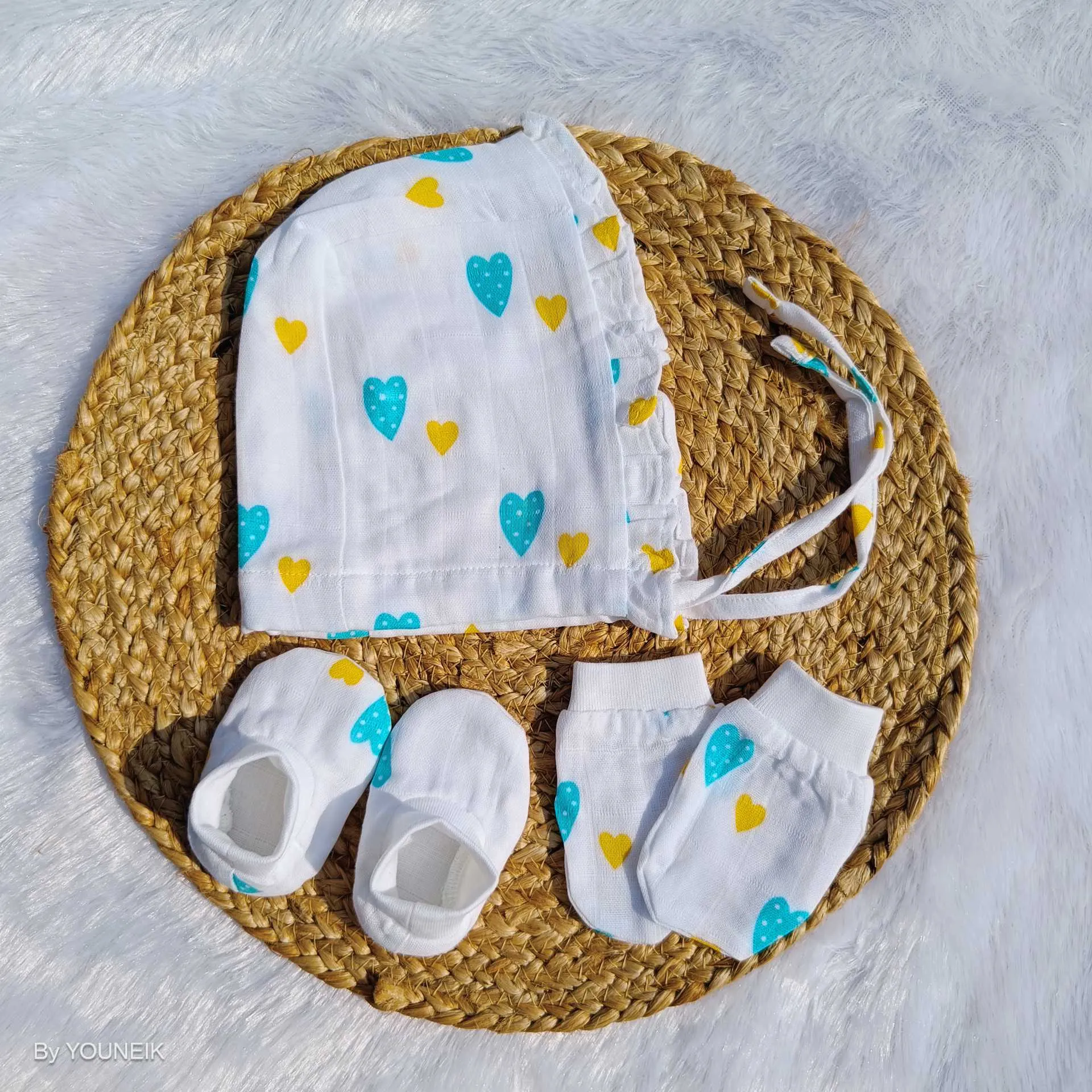 Muslin Frill Cap Mittens Booties