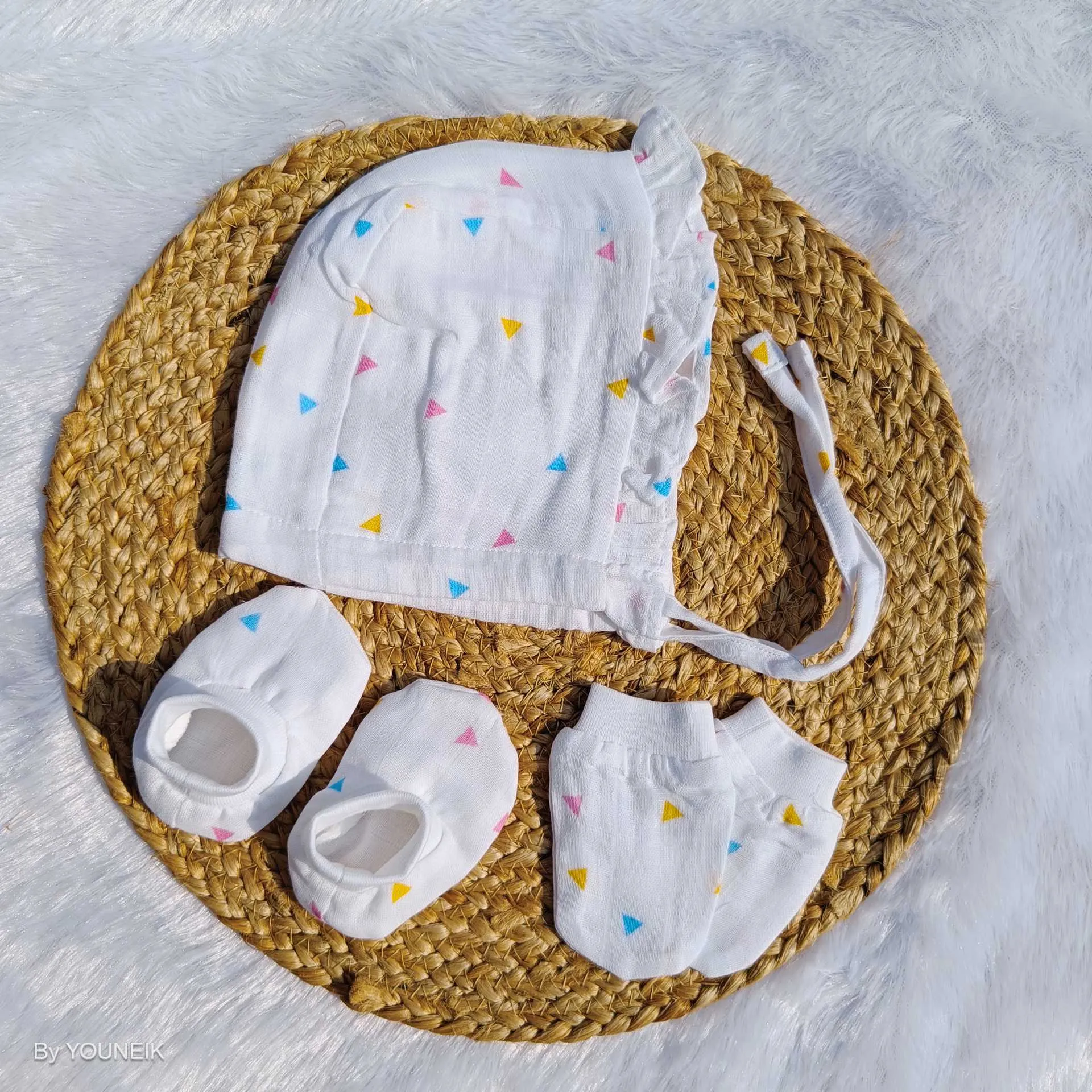 Muslin Frill Cap Mittens Booties