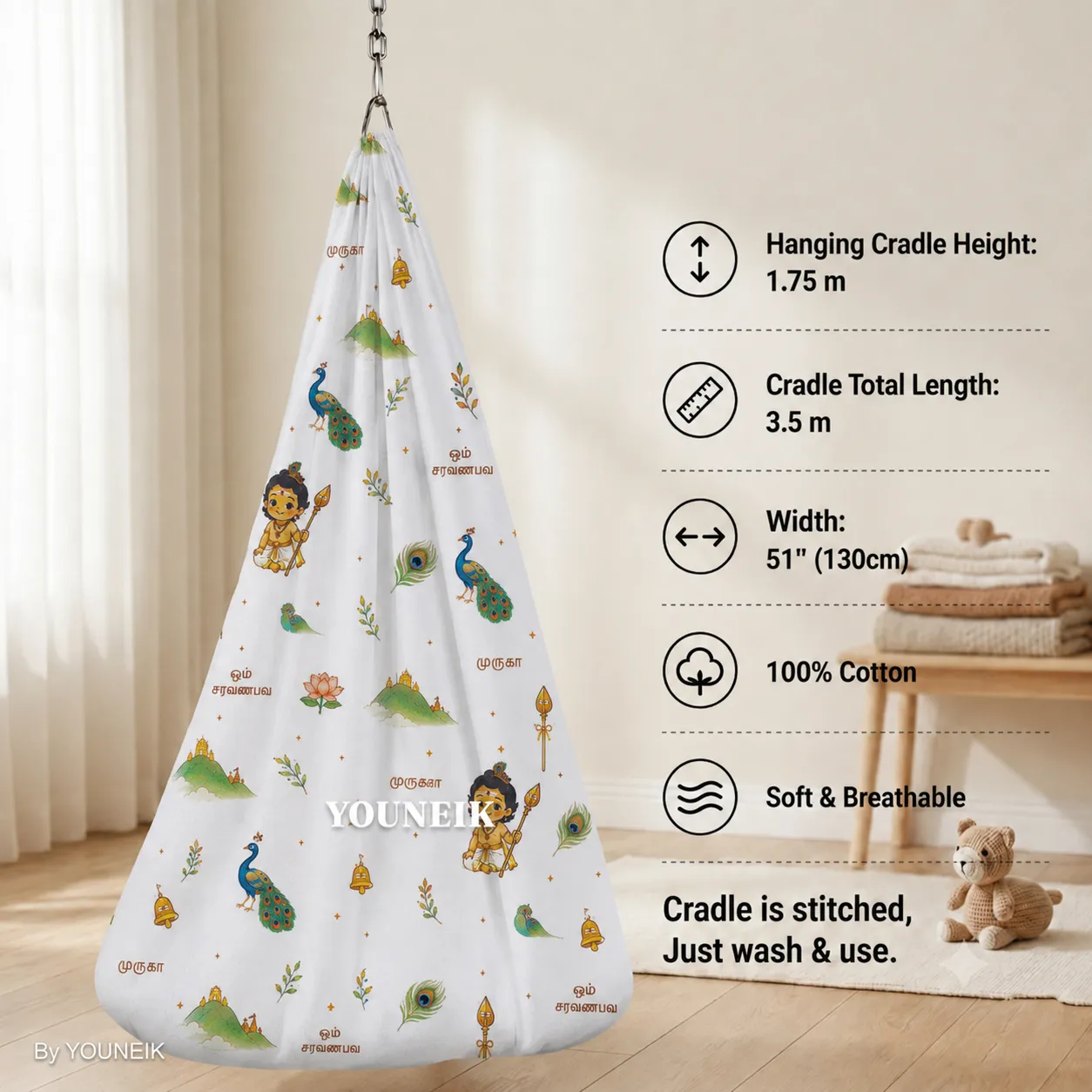 New Murugan Printed 100% Cotton Baby Thottil/Cradle | YOUNEIK