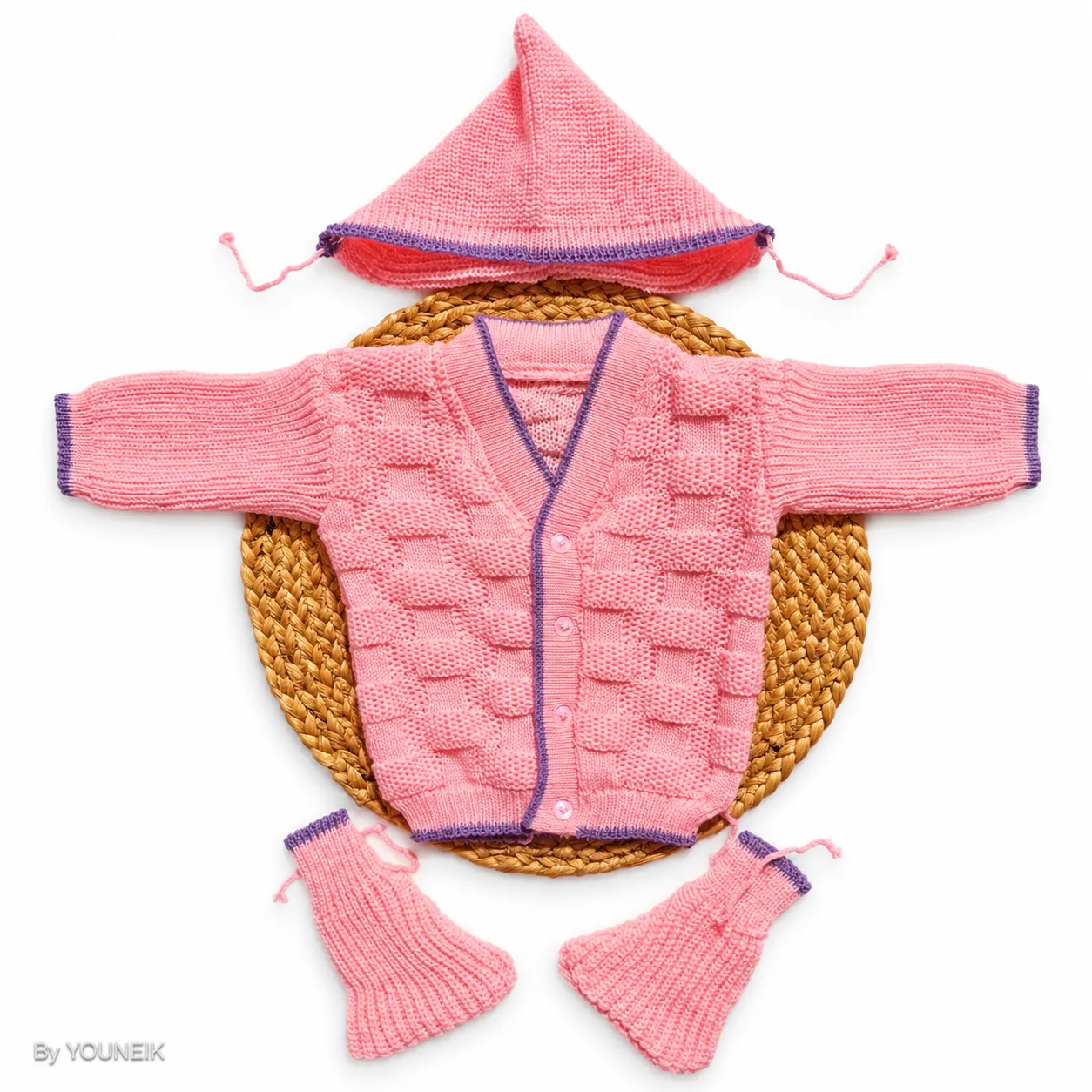 0-3m Woolen Sweater - Baby Pink | Purple Border