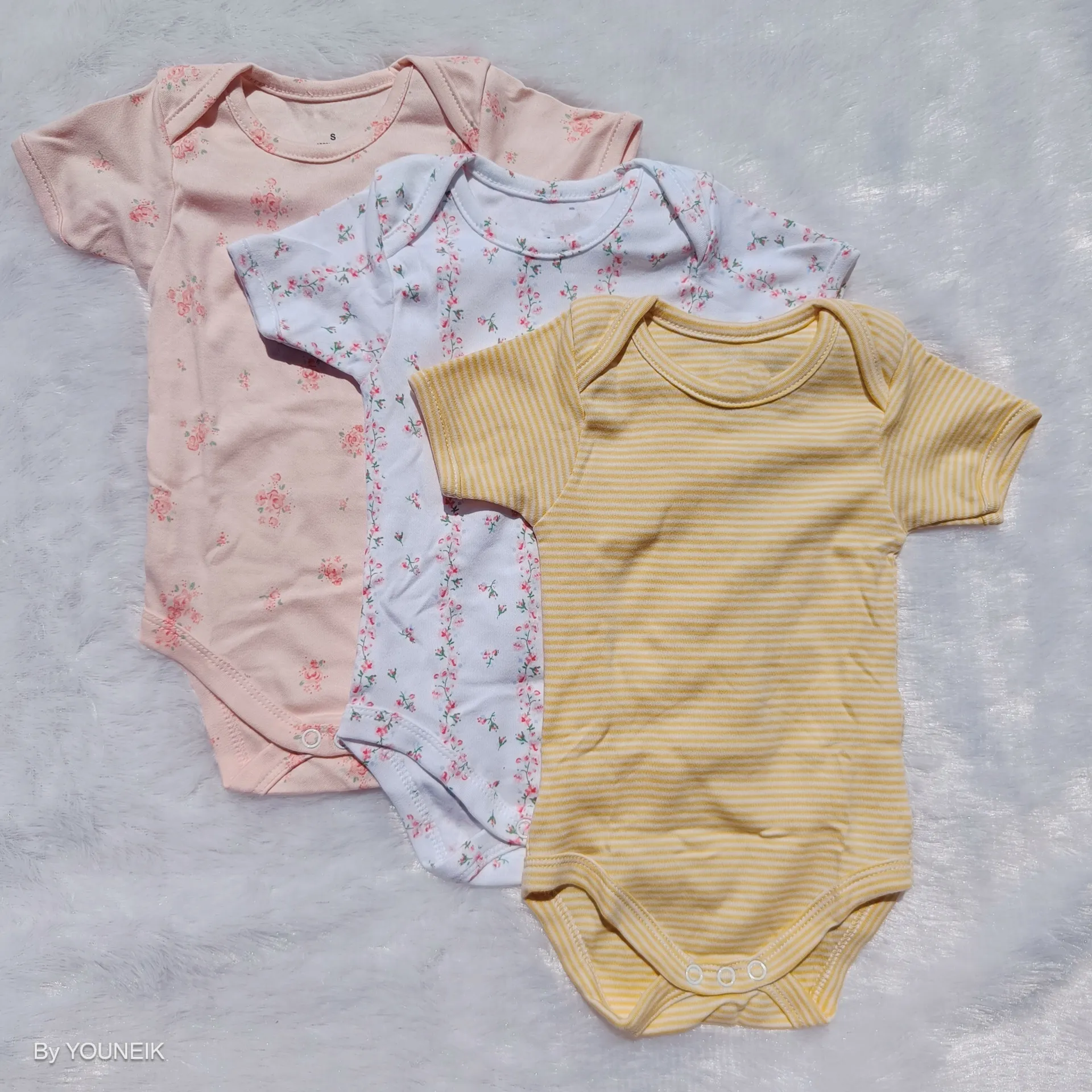 NB Knitted Cotton Baby Onesie Baniyan 3 Pieces Pack | Pink ,White & Yellow Stripes