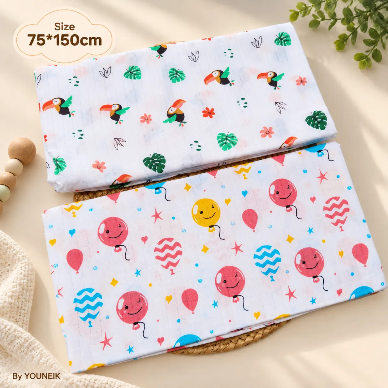 75x150cm Muslin Bath Towel Pack of 2 | Kids & Adults | White Printed