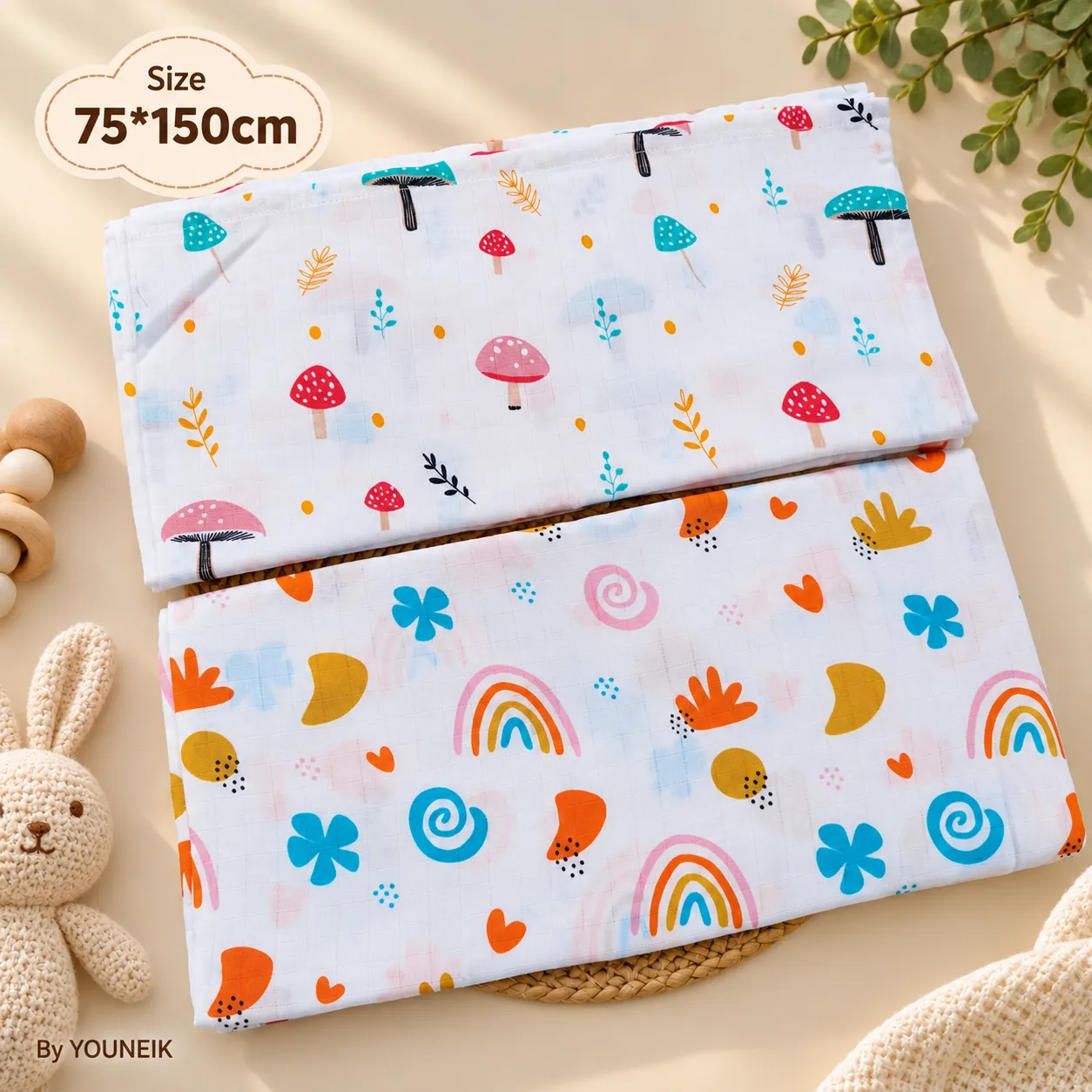 75x150cm Muslin Bath Towel Pack of 2 | Kids & Adults | White Printed