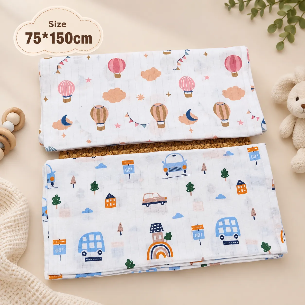 75x150cm Muslin Bath Towel Pack of 2 | Kids & Adults | White Printed