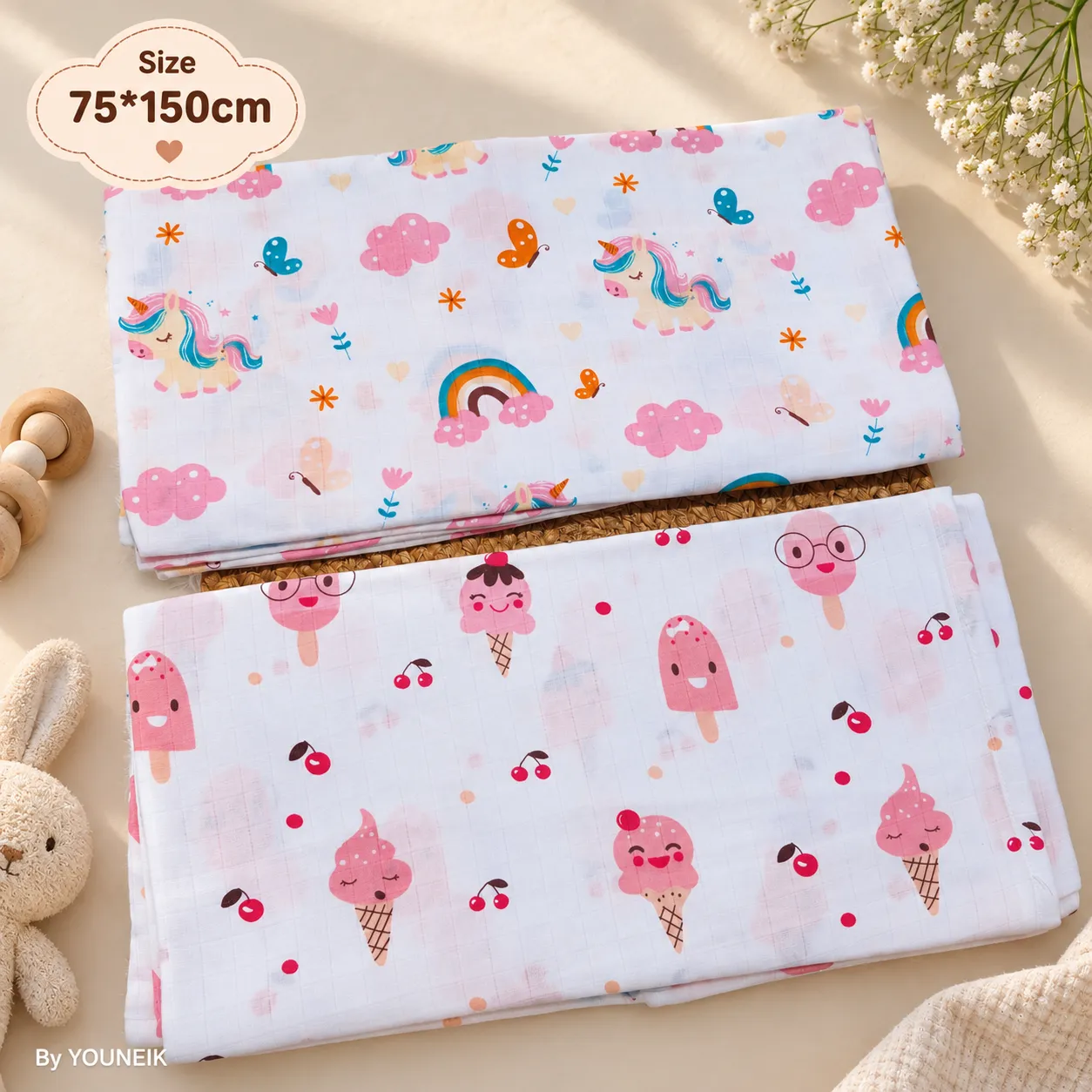 75x150cm Muslin Bath Towel Pack of 2 | Kids & Adults | White Printed