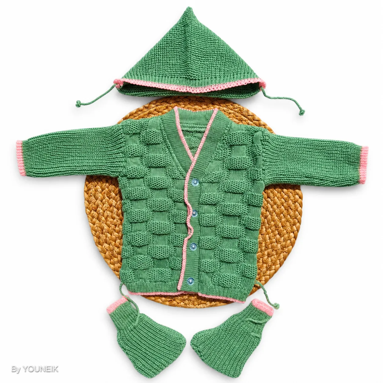0-3m Woolen Sweater - Fren Green | BabyPink Border